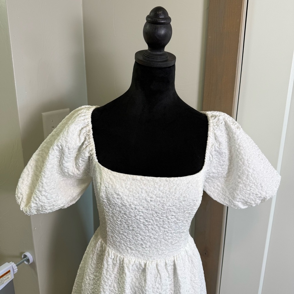 Lulus Puff Sleeve Midi Dress Floral Textured Corset Tie Back Stretch Bridal M - Picture 2 of 11